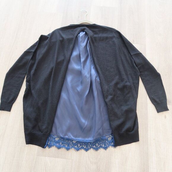 SEMICOUTURE 100% wool sweater Italy black blue lace oversize M mature quiet lux - Picture 2 of 9